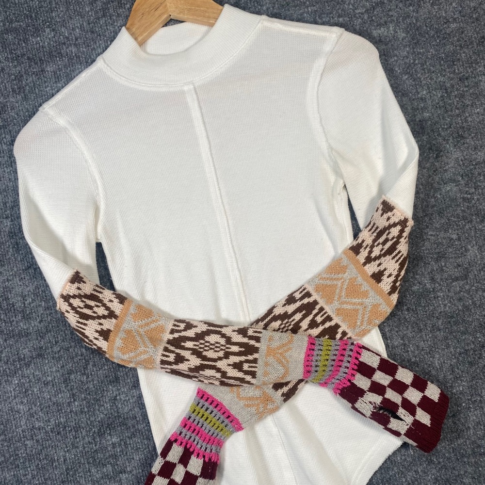 We The Free Thermal Top Women XS Ivory Mixed Print Sleeve Boho Waffle Knit